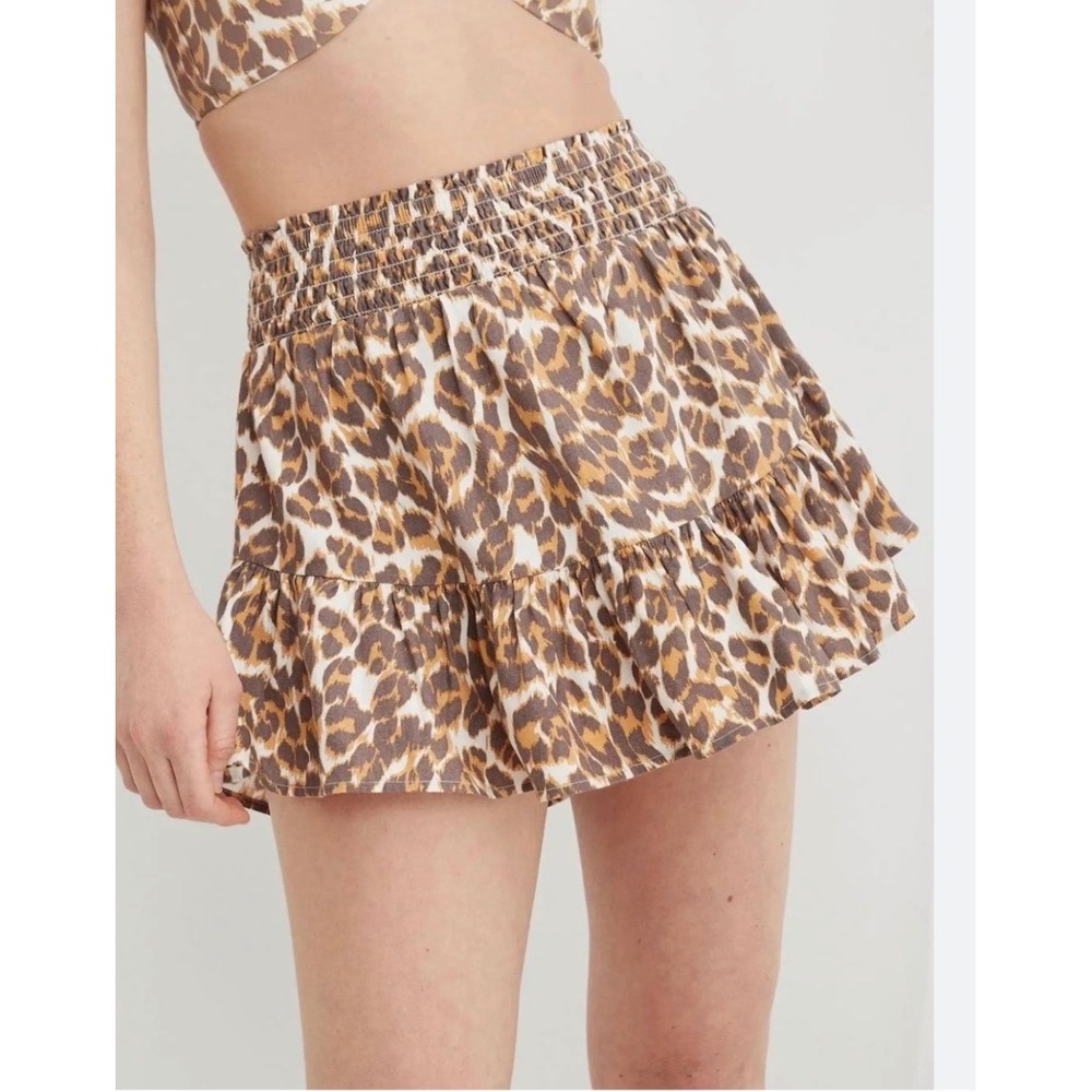 Aerie Mini Skirt Womens XL Brown Leopard Print Smocked Ruffle Linen Blend Beach